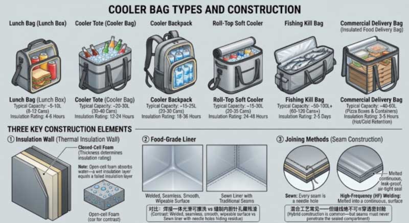 types of insulated cooler bags and the three construction elements: insulation wall, food-grade liner and seam method