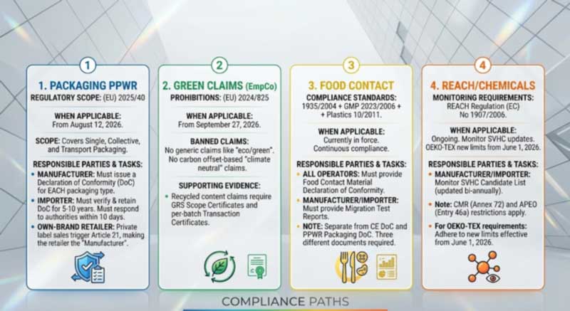 four EU compliance documents a cooler bag supplier must support: PPWR packaging DoC, green claims evidence, food contact declaration and REACH